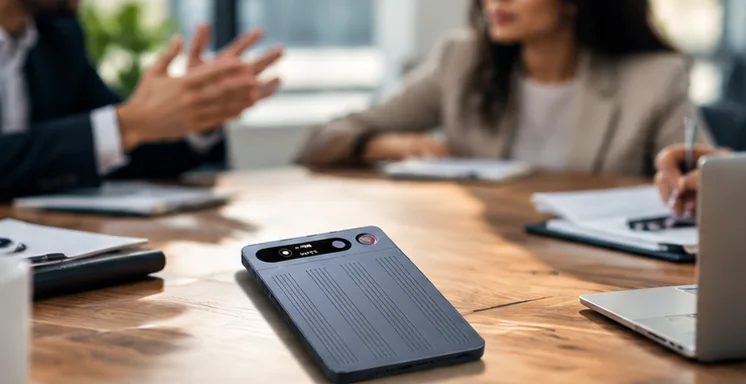 OneVerse device on a boardroom table during a client meeting